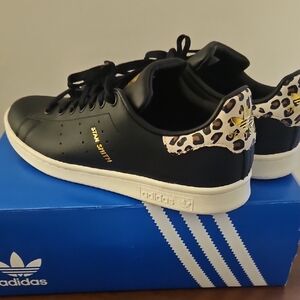 Adidas Stan Smith Men's Black and Gold Sneakers with Leopard Print